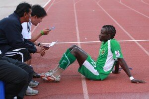 Abiola gets tactical advice from the head coach